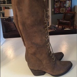 Tan, lace up, knee high boots, size 7.